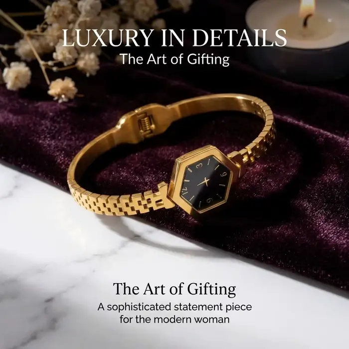 Bracelet de montre couleur or hexagonal acier inoxydable pour femmes bijou tendance cadeau poignet élégant occasion spéciale