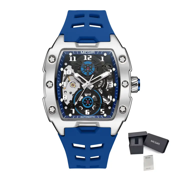 MEGIR montres mécaniques automatiques pour hommes 43MM Tonneau cadran squelette homme montre-bracele