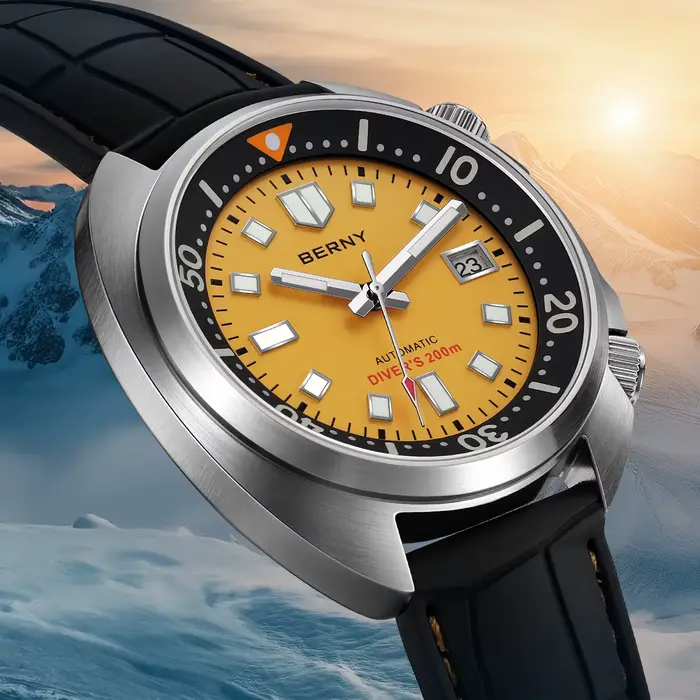 Montre de plongée BERNY AM1970M avec double couronne anti-collision, résistance à l'eau 20ATM, mouvement automatique Miyota 8215, bracelet fluoroélastomère, verre saphir super lumineux pour homme occasions spéciales