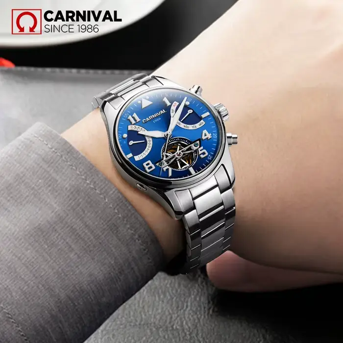 Montre mécanique Carnaval Tourbillon automatique saphir lumineuse avec calendrier complet et affichage de la semaine pour hommes occassions spéciales