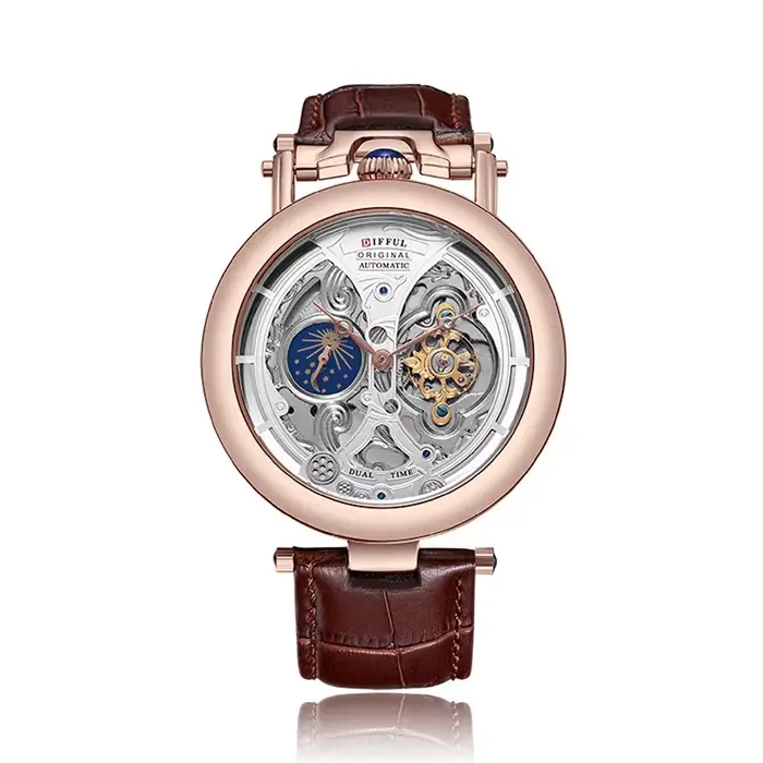 DIFFUL luxe grand cadran squelette Phases de lune Tourbillon creux mécanique hommes montre-bracelet avec bracelet en cuir