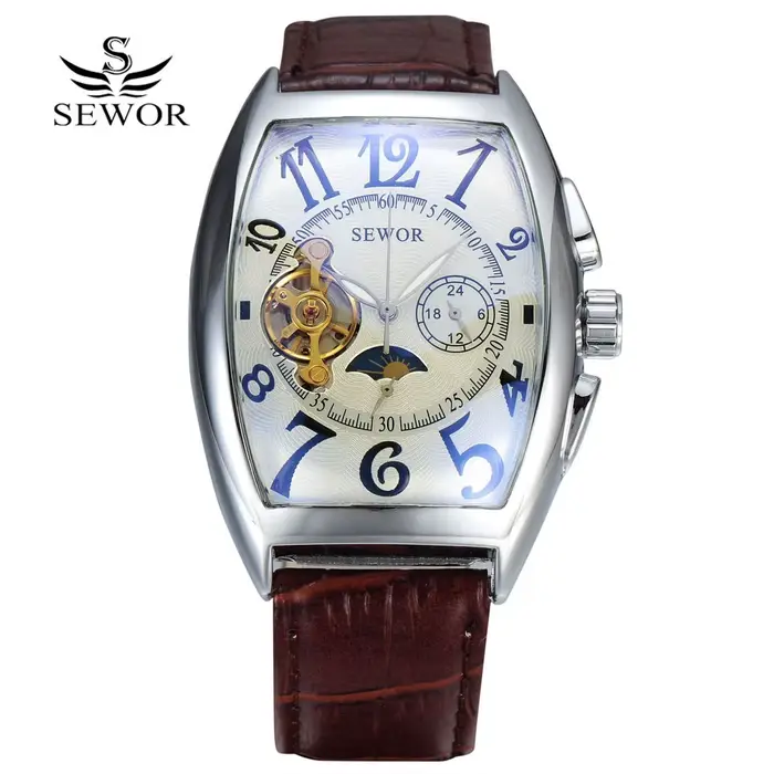 Montre SEWOR en acier inoxydable avec mouvement automatique pour homme, design tonneau, fonction lumineuse et résistance aux chocs, idéale pour toutes les occasions