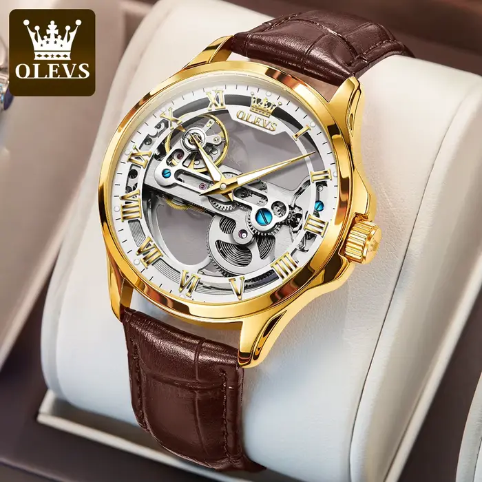 OLEVS 6661 montre homme automatique entièrement creuse bracelet en cuir de mode étanche horloge à ma