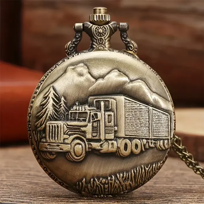 Montre de poche à quartz avec grand camion en bronze – Design nostalgique vintage, cadeau de vacance
