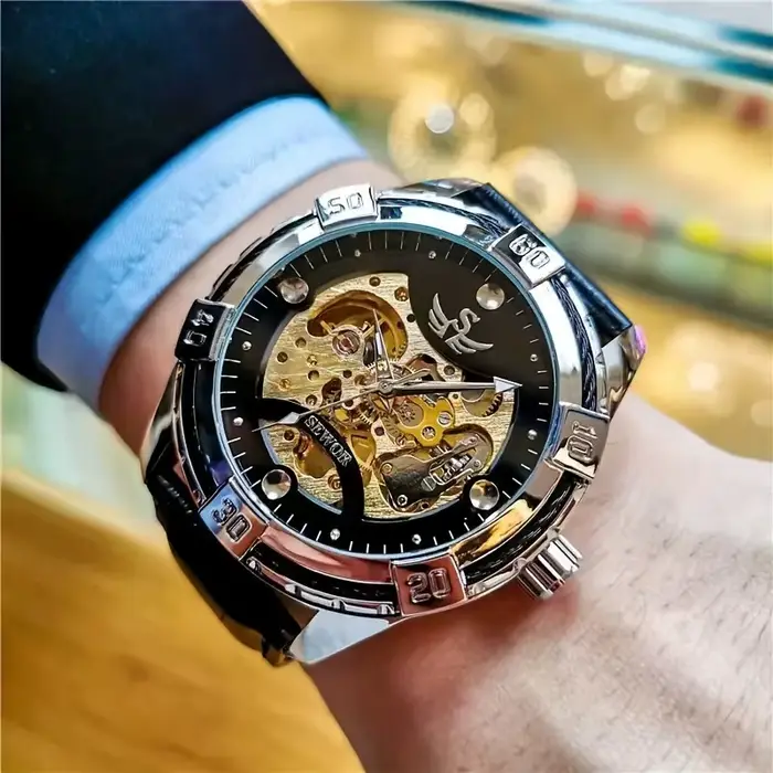 Montre mécanique AOKULASIC automatique pour homme élégante avec bracelet en cuir ajouré résistante à l'eau et boîtier en alliage tendance pour toutes les occasions