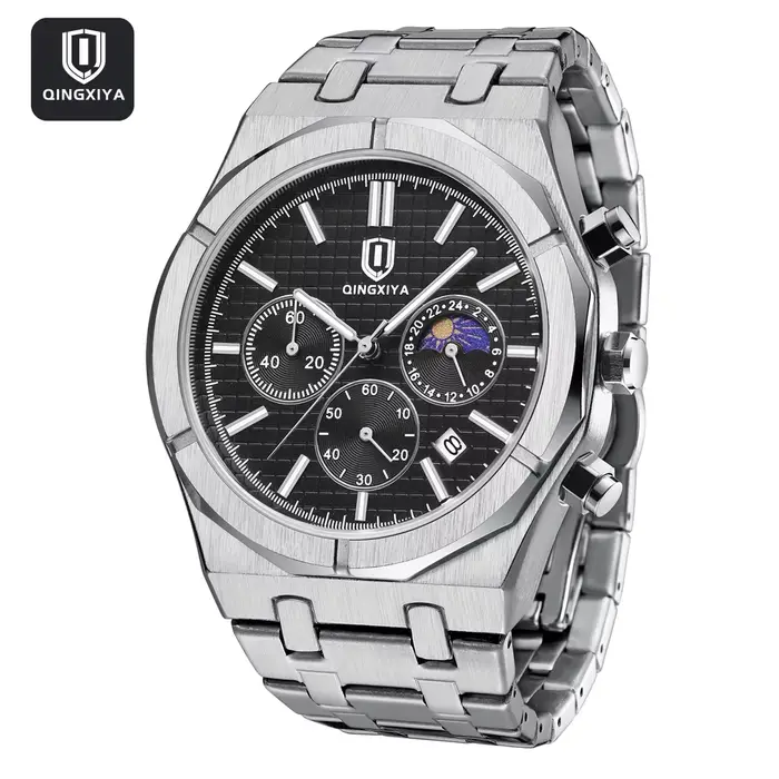 Montre chronographe phase de lune acier inoxydable résistante à l'eau pour hommes avec date mouvement quartz occasions spéciales