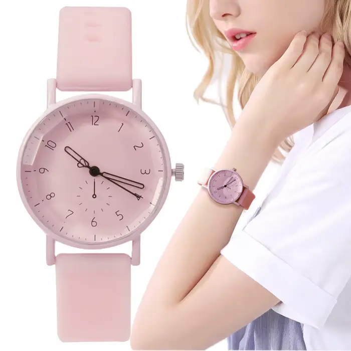 Montre Femme Élégante Rose Minimaliste Bracelet Silicone Montre à Quartz