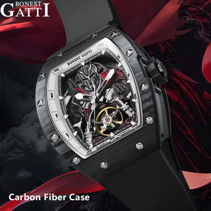Montre homme Bonest Gatti en fibre de carbone avec mouvement automatique, tourbillon, squelette, résistance à l'eau, bracelet en caoutchouc pour occasions spéciales
