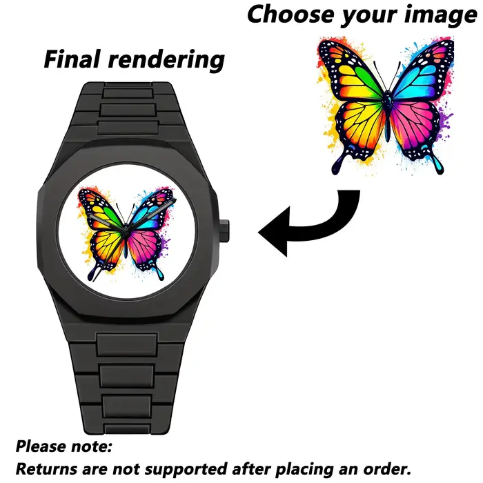 Montre personnalisée homme boîtier plastique image unique montre noire minimaliste style décontracté mode quartz occassions spéciales cadeau anniversaire noël