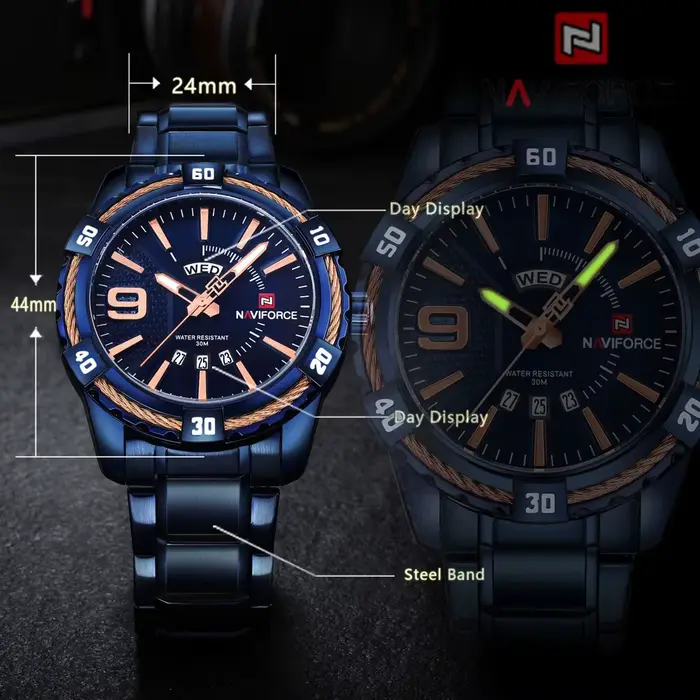 Montre militaire dorée Naviforce résistante à l'eau pour homme, robuste et élégante, pour randonnées et occasions spéciales