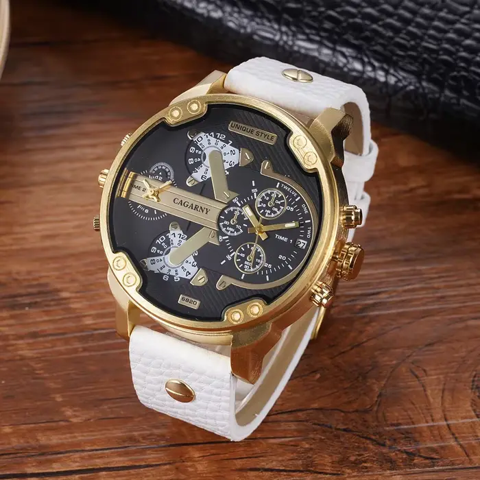 Montre sport homme CAGARNY 6820 avec affichage double heure grande taille résistance à l'eau cuir bracelet alliage boîtier quartz mouvement chronographe et calendrier complet