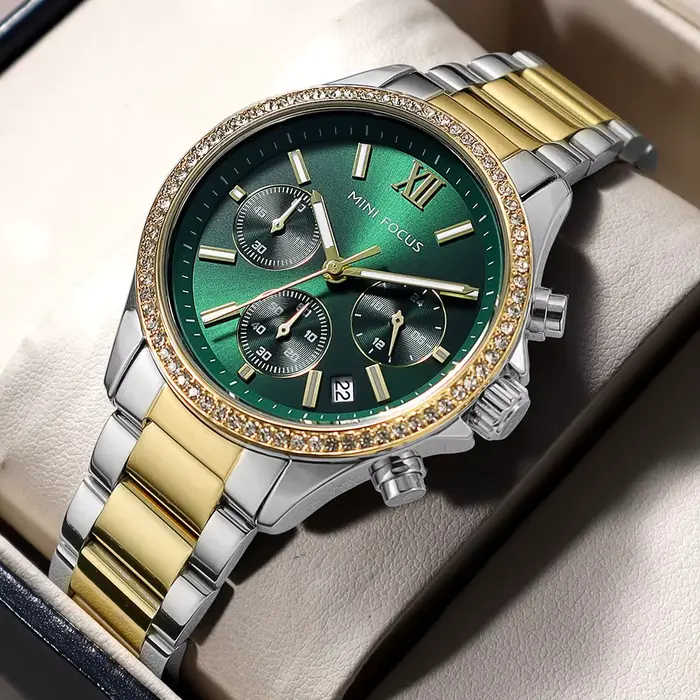 Montre multifonctionnelle MINI FOCUS en acier inoxydable pour femmes avec date automatique, chronographe et calendrier complet pour les occasions quotidiennes et spéciales