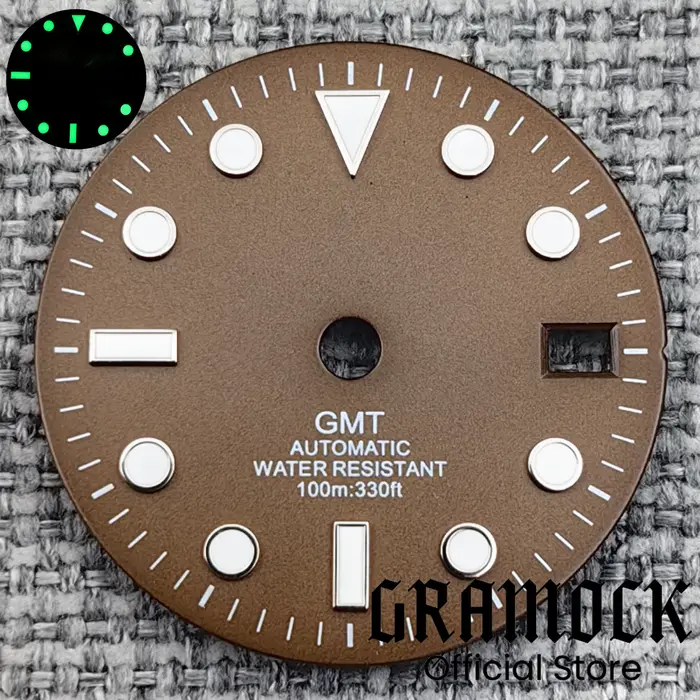Gramock – cadran de montre Vintage marron café, 29mm, avec aiguilles, marques roses argentées, lumin
