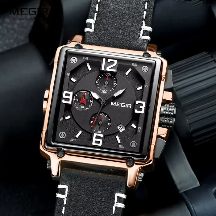 Montre-bracelet à quartz MEGIR avec bracelet en cuir pour homme, chronographe multifonctionnel, résistance à l'eau, date auto et calendrier complet, parfait pour les activités sportives et les tenues de ville