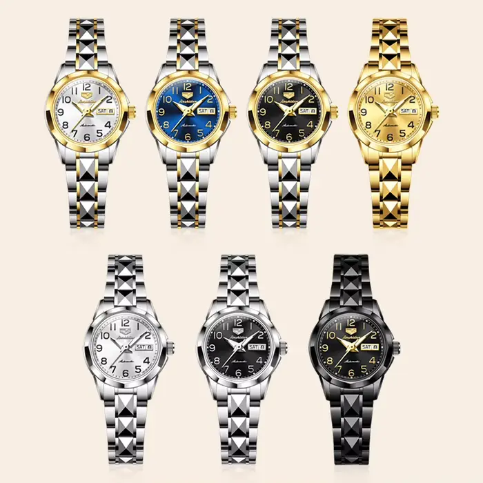 Montre de luxe JSDUN 8990 avec double calendrier et bracelet en acier au tungstène pour femmes occasions spéciales