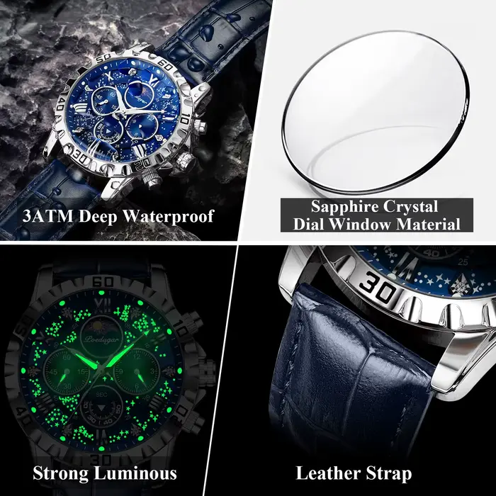 POEDAGAR luxe mode homme montre étanche lumineux chronographe montres en cuir pour hommes sport en plein air
