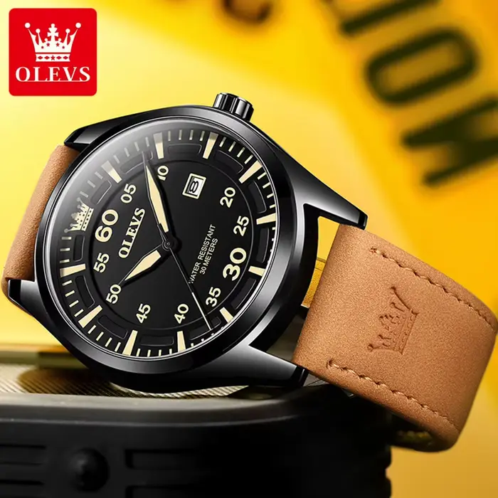 OLEVS 9962 montre à Quartz pour hommes bracelet en cuir Nubuck étanche calendrier lumineux montres