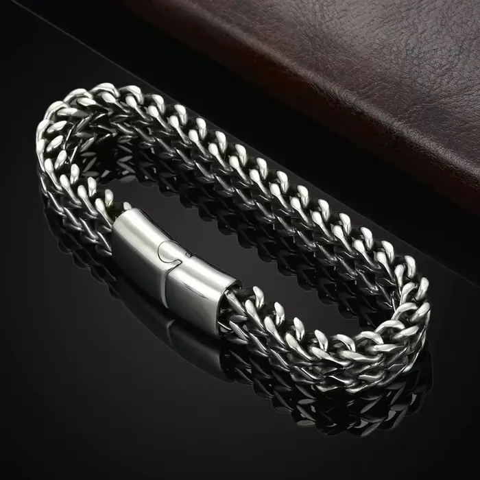 Bracelet en acier inoxydable tressé double rangée motif écailles de poisson plaqué rhodium imitation pour hommes et femmes styles hiphop rock à offrir occasions spéciales