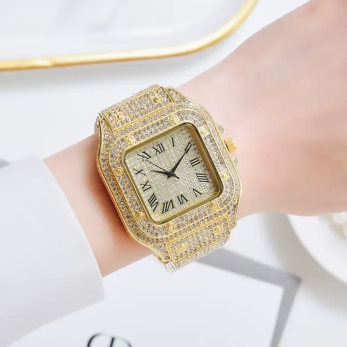 Montre à Quartz Carrée en Diamant Luxe Bracelet Acier Inoxydable Clouté Strass Pour Hommes Femmes Occasions Spéciales