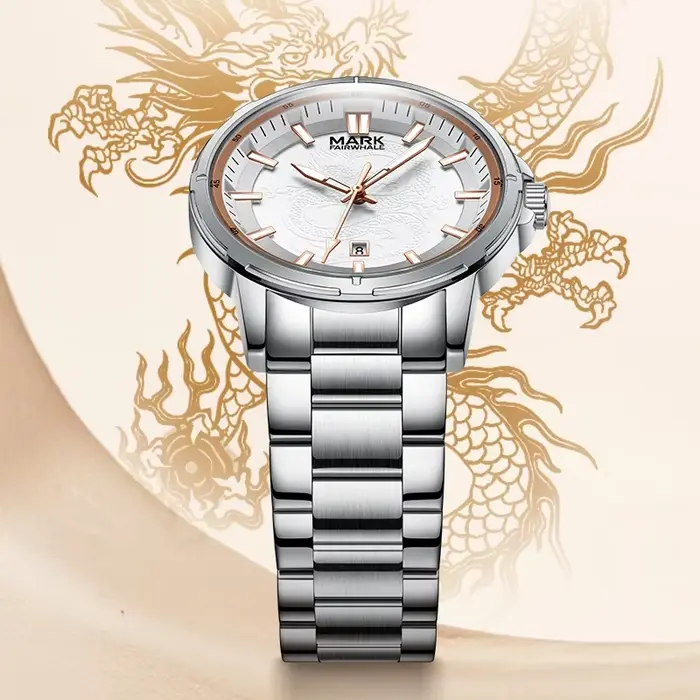 Montre homme MARK FAIRWHALE cadran gravé dragon lumineux montre-bracelet quartz étanche occasionnels spéciaux
