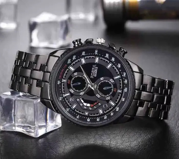 Montre de sport à quartz en acier inoxydable pour homme, montre-bracelet noire
