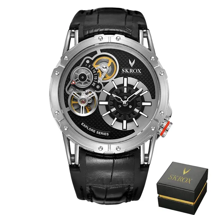 SKROX Style Punk grande taille double mouvements automatique homme montre Tourbillon étanche militaire terrain sport Silicone montres