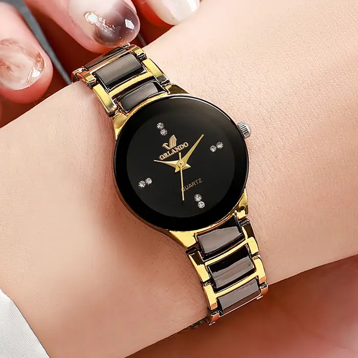 Montre à Quartz avec Bracelet Acier Noir Élégante Pour Femme Occasions Spéciales Mode Casual