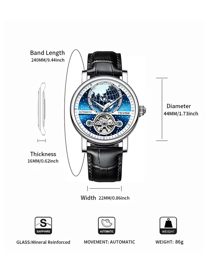 Montre pour Hommes TEVISE Mouvement Mécanique Automatique Lumineuse Mode Squelette Bracelet en Cuir Occasions Spéciales Elégance Intemporelle