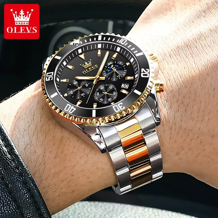 Montre homme OLEVS 2870 phase lunaire luxueuse résistante à l'eau avec fonction chronographe et calendrier complet pour toutes occasions