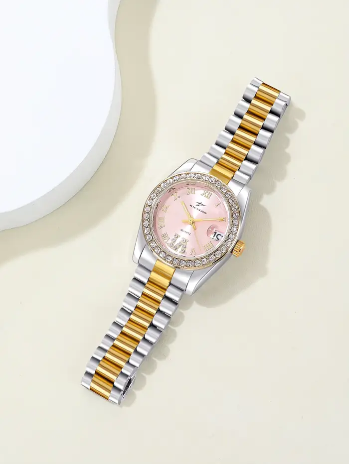 Montre à quartz de luxe pour femme bracelet en acier inoxydable bicolore lunette sertie de strass cadran à chiffres romains avec affichage de la date pour femmes occasions spéciales