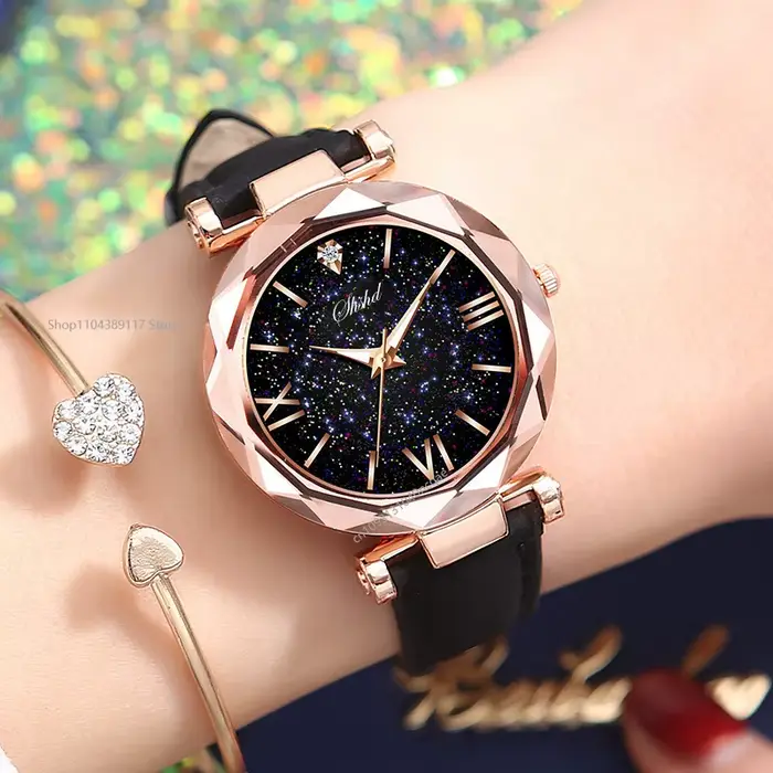 Montre lumineuse strass romantique ciel étoilé en cuir pour femmes occasions spéciales romantique glamour quartz acier bronze café multicolore rose