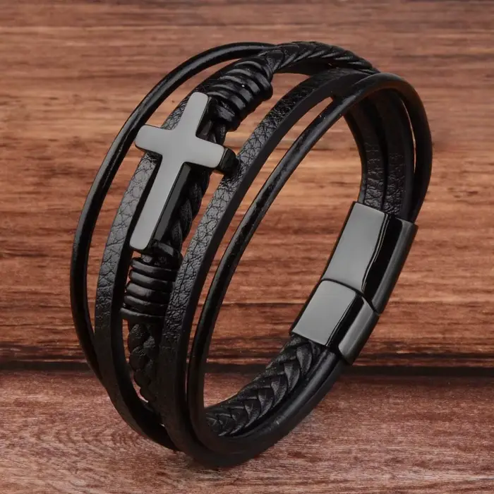 HNSP – Bracelet en cuir et métal croisé pour hommes, accessoires de bijoux