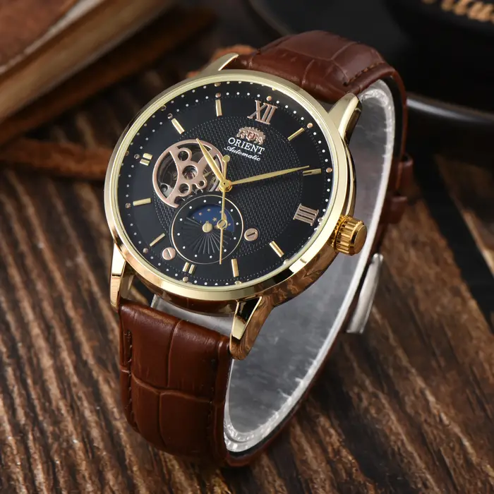 Montre automatique mécanique unisexe DFDG Série Orient Sports fonction heure mondiale soleil lune étoiles robuste style mode casual occasions sportives formelles