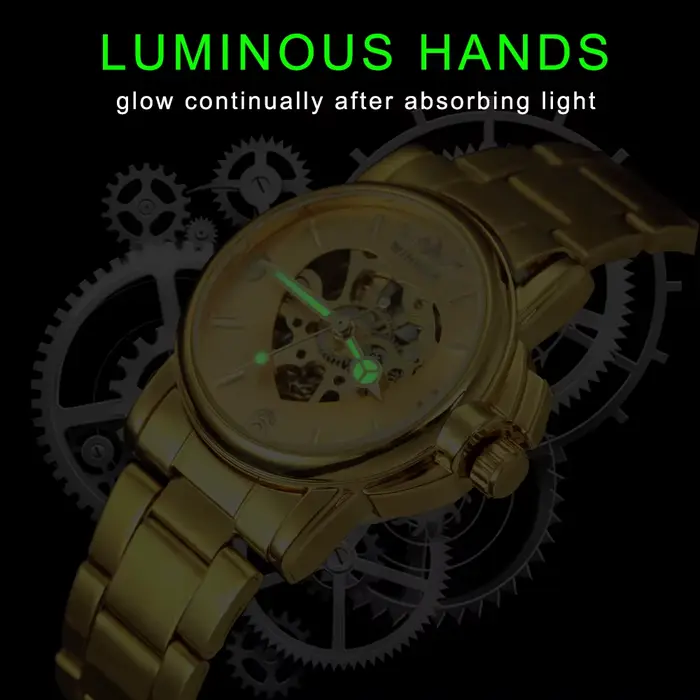 Montre T-Winner automatique pour femmes élégante squelette doré bracelet acier inoxydable pour événements sportifs et occasions spéciales