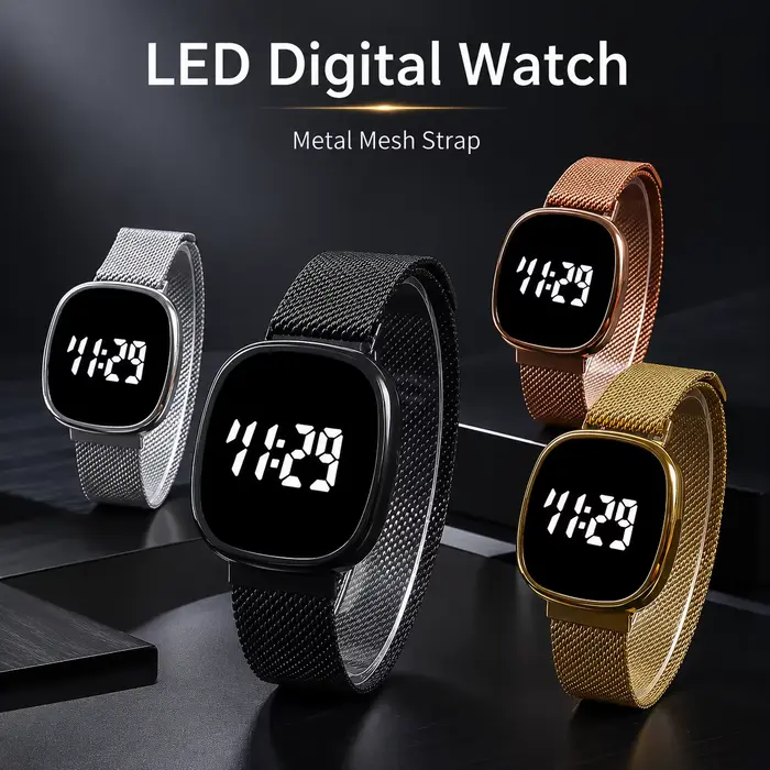 Montre en alliage avec bracelet maille métallique affichage numérique LED pour homme et femme occasions spéciales