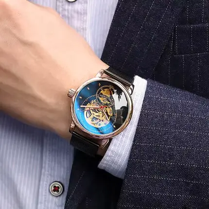 Zegarek Meski boîtier en or Rose horloge squelette ajourée hommes Sport étanche montres mécaniques a