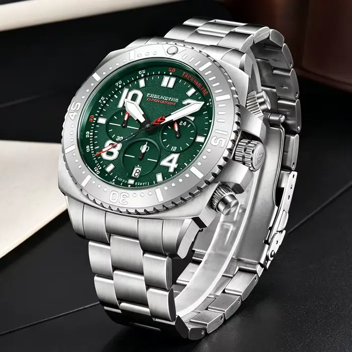 Montre de plongée chronographe à cadran vert de la marque haut de gamme FEELNEVER pour hommes