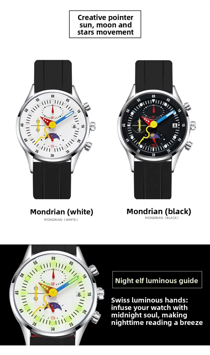 Montre multifonctionnelle homme phases de lune lumineuses design pointeurs unique et intéressant création calendrier étudiant horloge originale