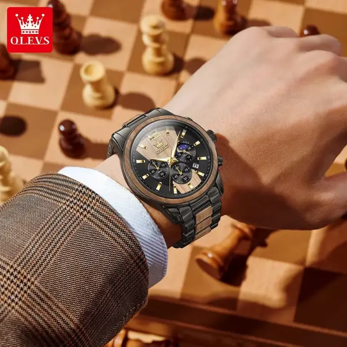 OLEVS 3645 hommes montre en bois de luxe veilleuse multifonctionnelle chronographe
