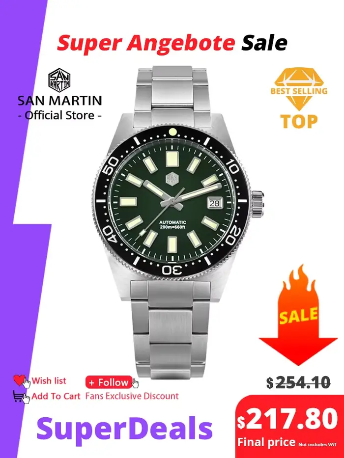 Montre de Plongée San Martin SN0007 avec Cadran Emaillé, Bracelet Acier Inoxydable et Étanche jusqu'à 200m Occasions Spéciales