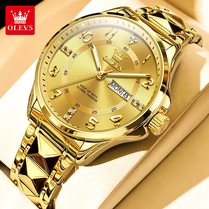 OLEVS 2910 luxe hommes femmes Couple montre double calendrier affichage étanche en acier inoxydable horloge or diamant