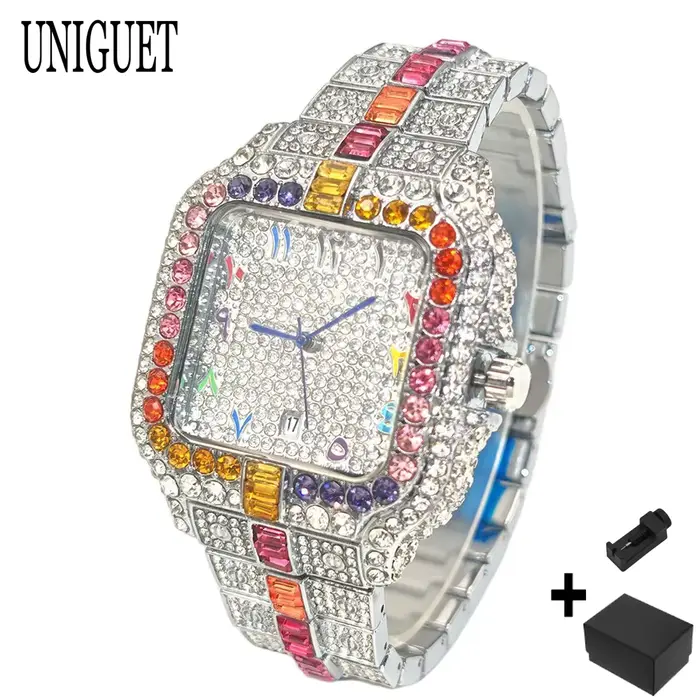 Montres UNIGUET Rainbow Diamond pour hommes, mode hip-hop, entièrement serties de diamants, bijoux b