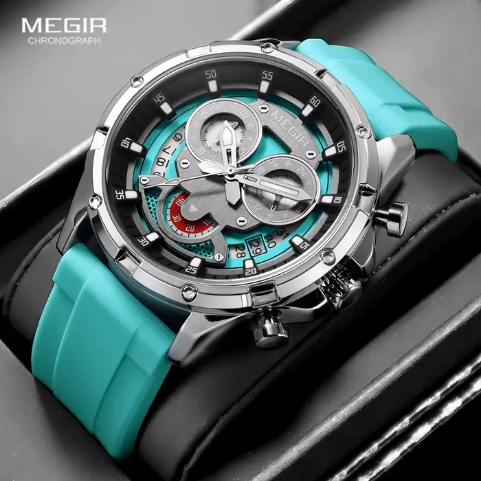 MEGIR montre à Quartz pour hommes avec bracelet en Silicone blanc aiguilles lumineuses mode Sport chronographe étanche montre-bracelet avec calendrier