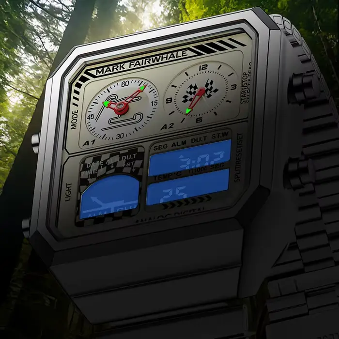 MARK FAIRWHALE montres pour homme 4460 en acier inoxydable tendance cadran carré multifonctionnel réveil lumineux étanche hommes montre