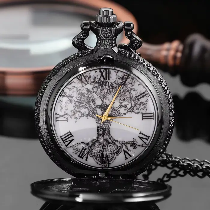 Montre de poche à quartz vintage steampunk avec design Arbre de Vie et chiffres romains