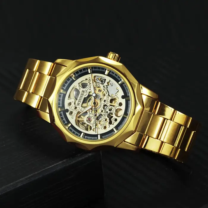 Montre automatique squelette doré pour hommes