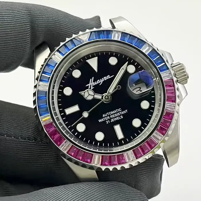 Montre automatique homme cadran bleu brossé acier inoxydable résistance à l'eau pour différentes occasions