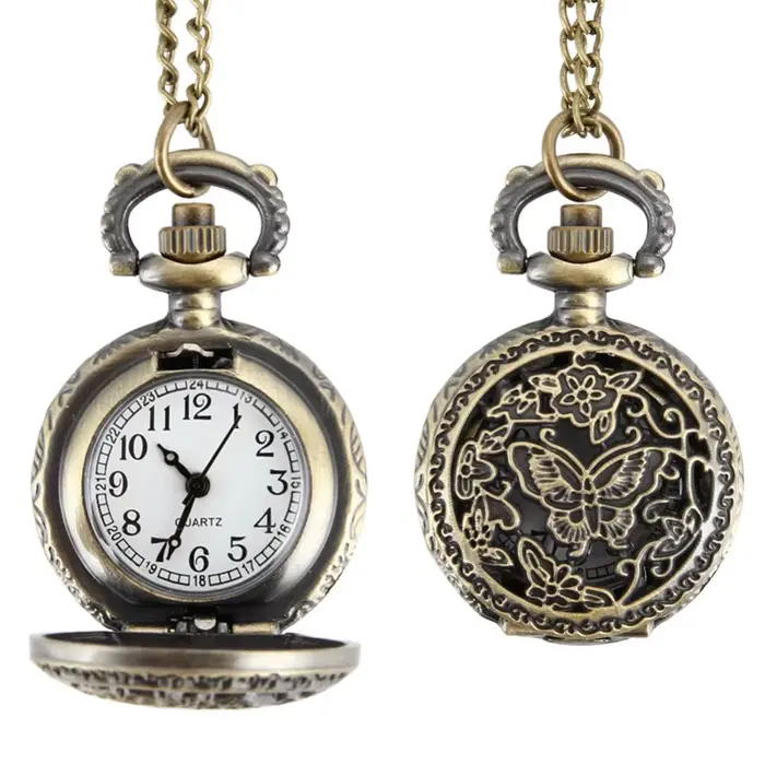 Montre de poche à Quartz pour femmes, en alliage ajouré, papillons, Vintage, chaîne de pull, collier