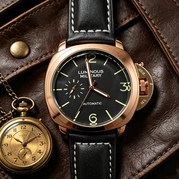 Montre classique pour hommes, cadran lumineux mécanique automatique militaire de 46mm, bracelets en