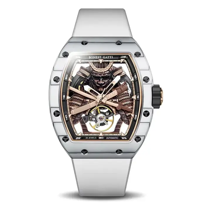 Montre automatique BONEST GATTI avec tourbillon et design squelette pour hommes, résistance à l'eau et bracelet en caoutchouc, parfait pour les occasions spéciales et le quotidien